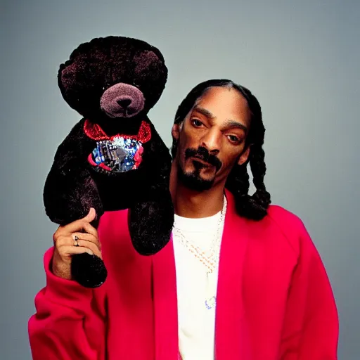 Image similar to Snoop Dogg holding a teddy bear for a 1990s sitcom tv show, Studio Photograph, portrait, C 12.0