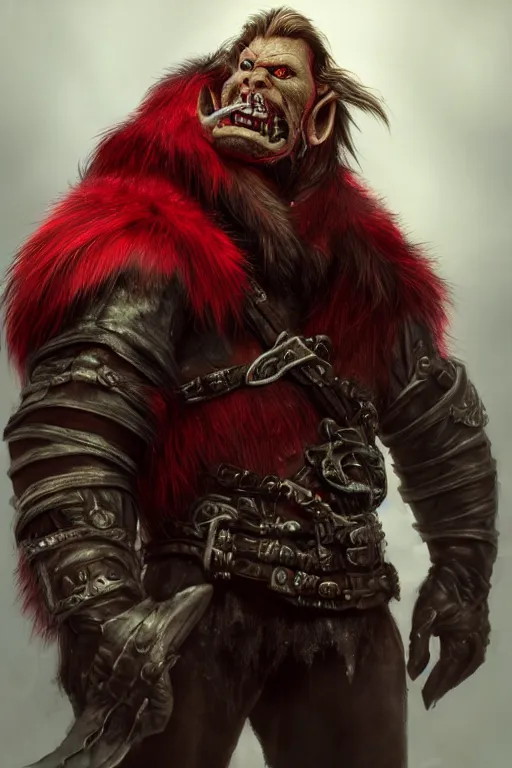 Prompt: red, A full body shot of a handsome orc looking into the camera wearing a leather fur jacket, full body shot, detailed face, orc, portrait, artstation, realistic, highly detailed, symmetrical, D&D, Dungeons & Dragons, hyper realistic, dynamic pose, high detail, octane render, unreal engine, 8k, fantasy art, highly detailed, dramatic lighting, concept art