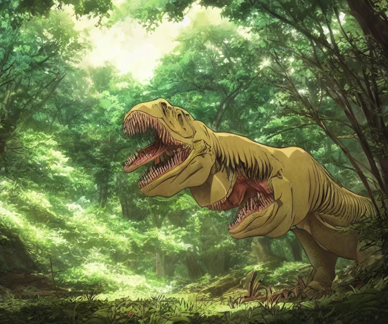 Prompt: t - rex in a forest, anime fantasy illustration by tomoyuki yamasaki, kyoto studio, madhouse, ufotable, comixwave films, trending on artstation