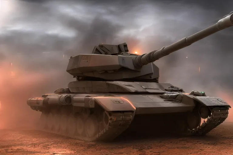 Image similar to sci fi battle tank, battle, fog, highly detailed, cinematic, dramatic lighting, 8 k