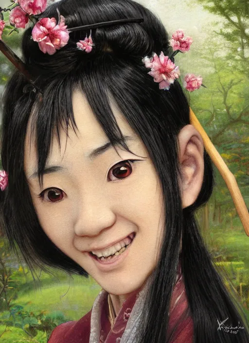 Prompt: close-up portrait of young japanese sorceress, smiling, with black pigtails, with round face, with small eyes, with small nose, with arms bare, with a wooden staff, in a garden,, painting in the museum, highly detailed, sharp focus, digital painting, artwork by Kinkade, by Victor Adame Minguez by Yuumei by Tom Lovell by Sandro Botticelli