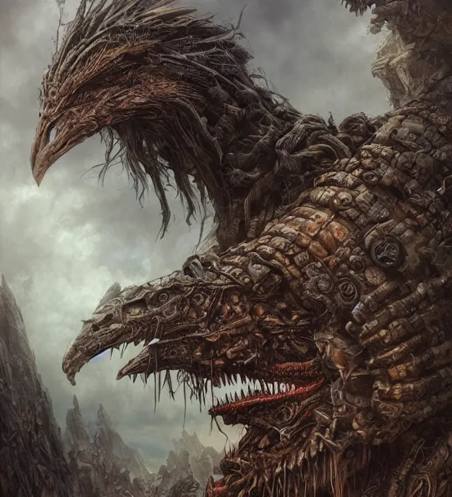 Image similar to hyper realistic portrait of postapocalyptic quetzalcoatl, cinematic, symmetric, dark crystal, artstation, cgsociety, alan lee, brian froud, jean baptiste monge, scott radke