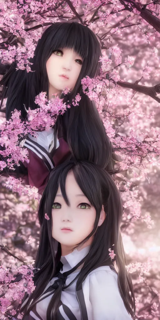 Image similar to a beautiful detailed render of an attractive japanese female with long black hair covering part of her face and wearing a seifuku, standing next to a beautiful cherry blossom tree, centered, trending on artstation and deviantart and behance, extreme detailing, dim dusk lighting, cinematic lighting, detailed lighting, volumetric lighting, realistic, f 8, 4 k hd wallpaper