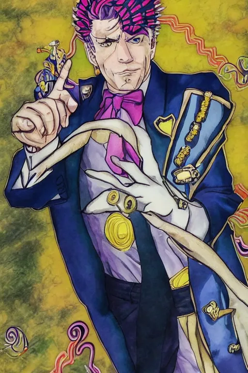 Image similar to Joe Biden as Jotaro Kujo JoJo from JoJo's Bizarre Adventure, anime drawing by Hirohiko Araki, vivid colors, colorful fashion