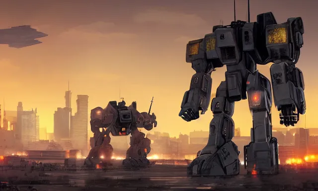Image similar to Mech defending the city at sunset, photorealistic, hyperrealistic, digital illustrations, concept art, photoreal, mechwarrior, battletech, highly detailed, intricate, award-winning, dark, gritty, beautiful colors, hdr, rendered in Octane, rendered in Unreal engine, 4k, ultra hd