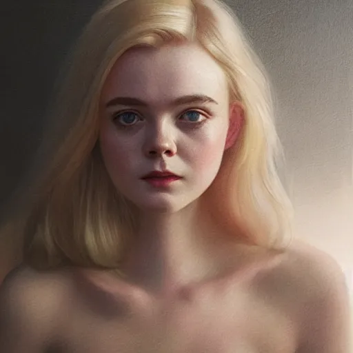 Image similar to Elle Fanning in the style of Paola Vetri, head and shoulders portrait, stormy weather, extremely detailed masterpiece, oil on canvas, low-key neon lighting, artstation, Blade Runner 2049, Roger Deakin’s cinematography, by J. C. Leyendecker and Peter Paul Rubens and Edward Hopper and Michael Sowa,