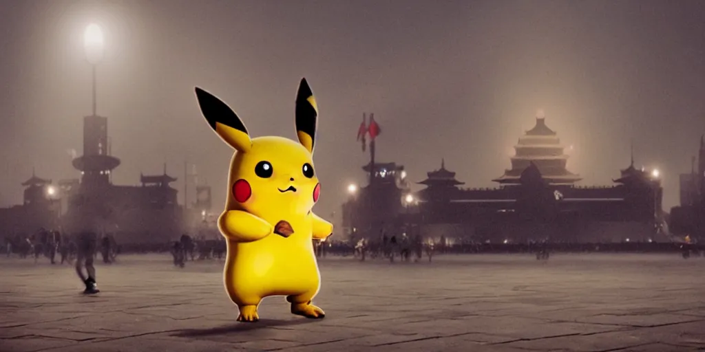 Image similar to Pikachu comes to Tiananmen Square, by phil hale, ashley wood, medium shot, cinematic lighting, high detail