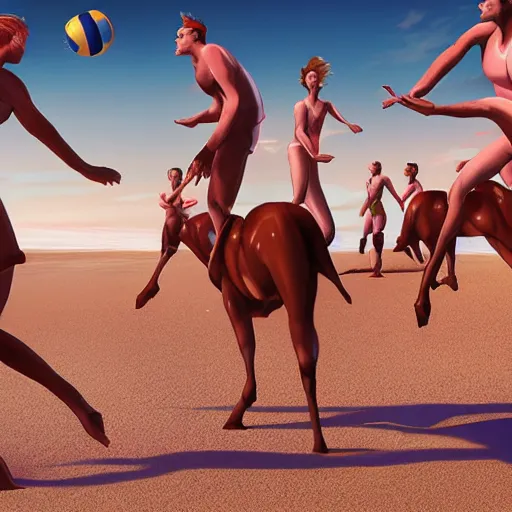 Image similar to centaurs playing volleyball on a beach, jump kick, 4 k, ultra realistic, detailed focused, neonwave