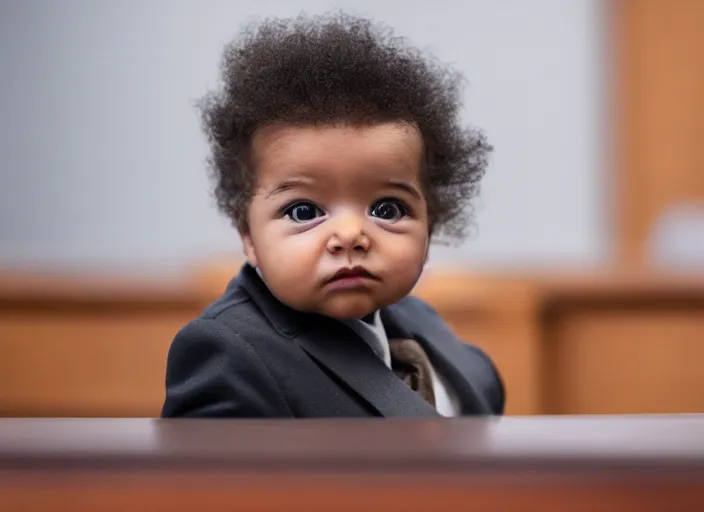 Image similar to a baby in a business suit sitting at the witness stand