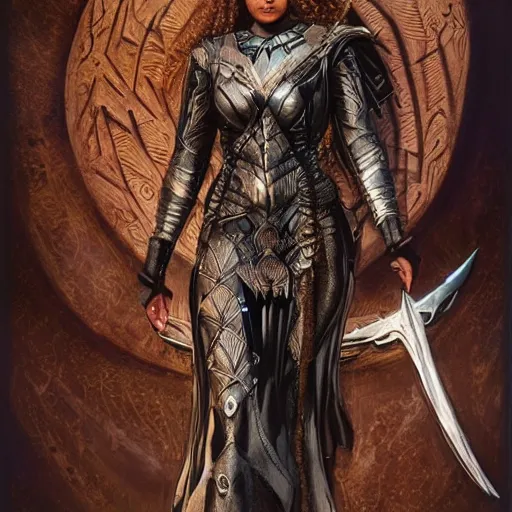 Image similar to valkyrie, norse warrior, wearing a dress with norse and viking jewelry by alex gray and android jones, karol bak, ilya golitsyn, ayami kojima, amano, black panther, marvel character, moebius, concept art, character design, fantasy, 3 d, 8 k resolution