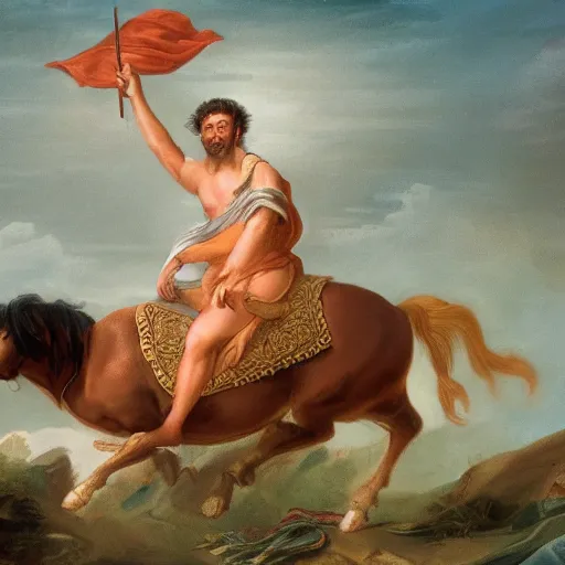 Image similar to roman emperor riding a wild unicorn, 8 k,