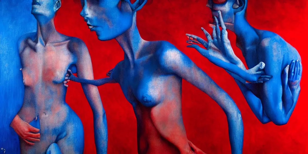 Image similar to only with blue, ney motogrosso in love with a red alien, too many hands in all directions, in hoc signo vinces, waterfall, in the style of leonora carrington, gottfried helnwein, intricate composition, raqib shaw, blue light by caravaggio, insanely quality, highly detailed, masterpiece, red light, artstation