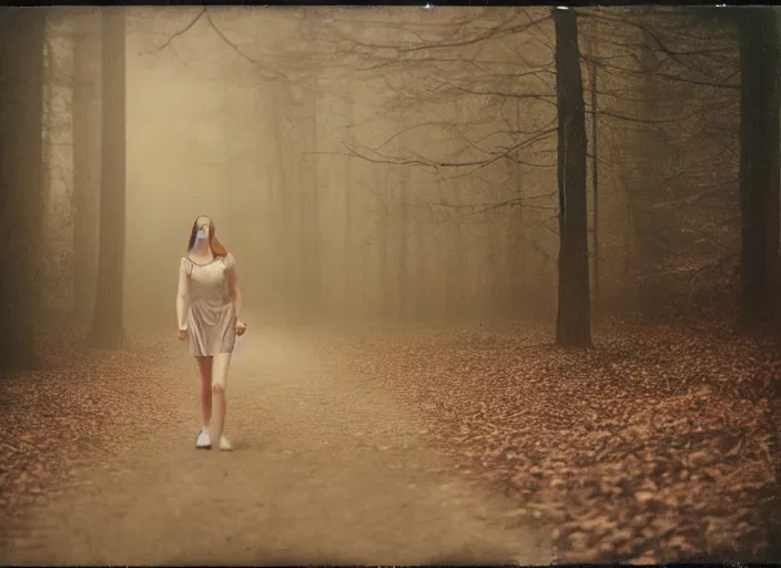 Image similar to medium shot, a young woman towards the camera, a demon is chasing her, woods, polaroid photo, vintage, neutral colors, by gregory crewdson