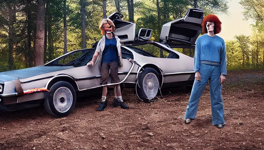 Prompt: eleven from stranger things standing next to the delorean from (back to the future), real life, fire trails behind tires, photoshoot, hyper realistic