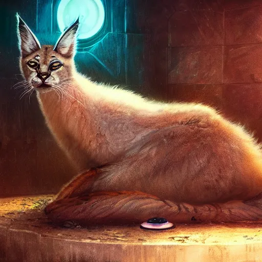 Prompt: fluffy cute caracal in a bathtub, fullbody, ultra high detailed, glowing lights, oil painting, Greg Rutkowski, Charlie Bowater, Beeple, unreal 5, DAZ, hyperrealistic, octane render, RPG portrait, dynamic lighting, fantasy art, beautiful face