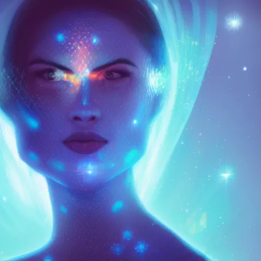 Prompt: holographic woman, beautiful, blue light, profile, science fiction, d & d, concept art, sharp focus, illustration, character art,