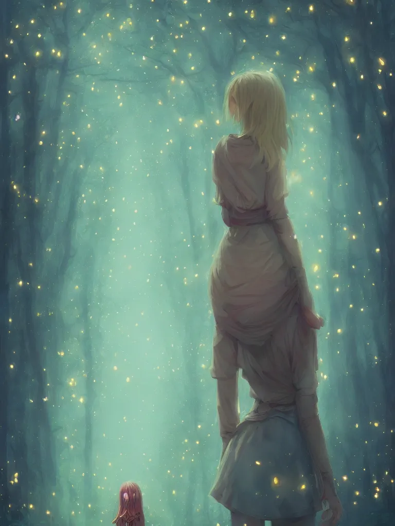 Image similar to Whimsical beautiful painting of a girlfacing away, looking towards a glowing magical forest full of fireflies, cgsociety, trending on artstation