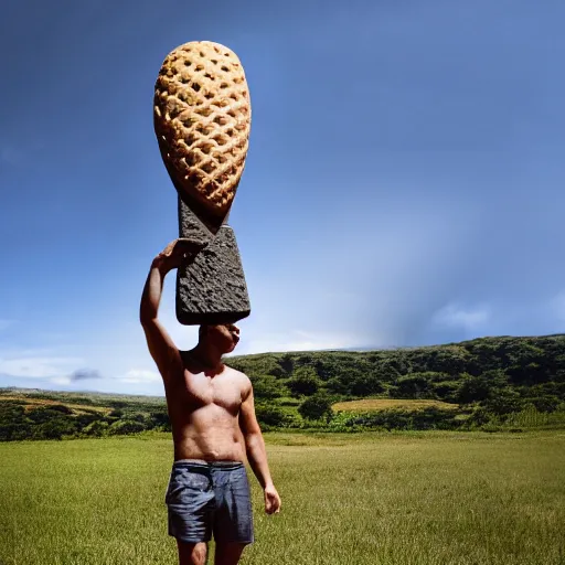 Image similar to a man holding an ice cream cone with a moai 🗿 in it, 4 k photograph