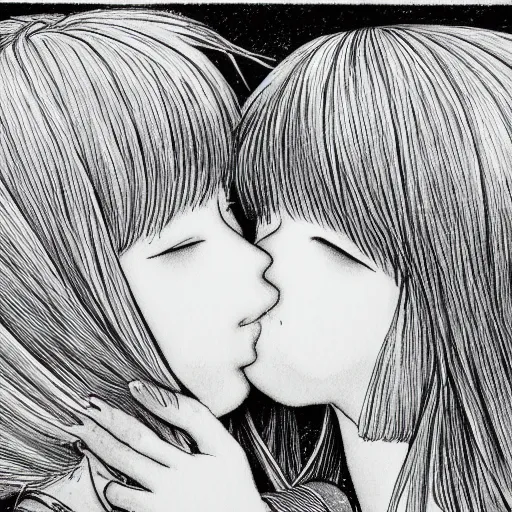 Image similar to portrait of two girls kissing, detailed manga art