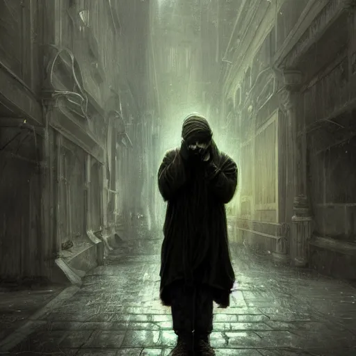 Image similar to an homeless man praying on the streets, dark, sad, digital painting, artstation, concept art, soft light, hdri, smooth, sharp focus, illustration, fantasy, intricate, elegant, highly detailed, D&D, matte painting, in the style of Greg Rutkowski and Alphonse Mucha and artemisia, 8k,