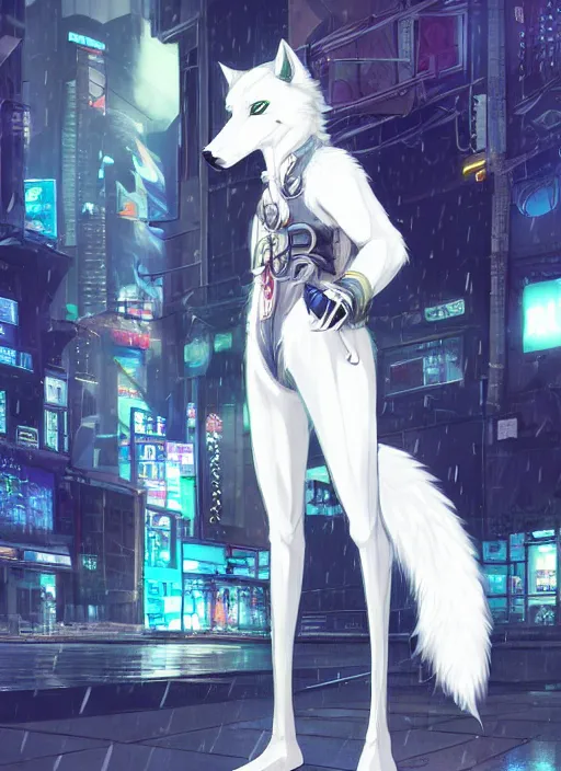 Image similar to character portrait of a male anthro white wolf fursona with a tail and a cute beautiful attractive furry face wearing stylish cyberpunk clothes in a cyberpunk city at night while it rains. hidari, color page, tankoban, 4K, tone mapping, Akihiko Yoshida.