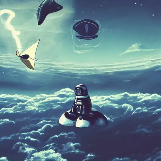 Image similar to astronaut riding on top of floating whale, in undiscovered place, space, exploration, science fiction, fine details, beautiful sky, infinite view, neo