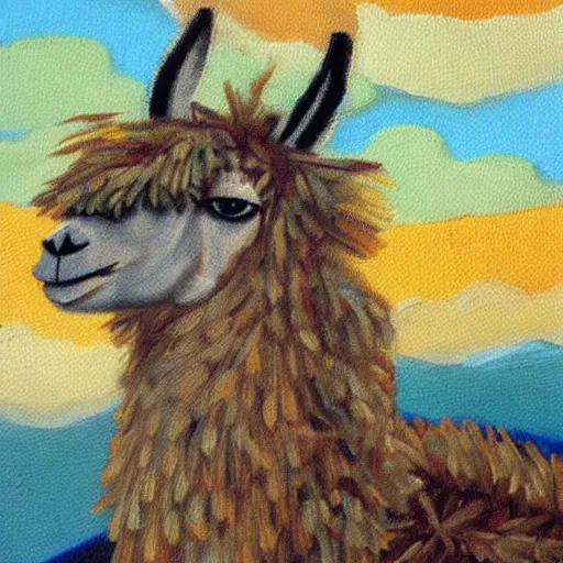 Image similar to an oil painting of a llama wearing fancy dress