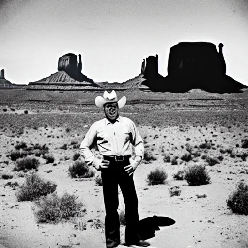 Image similar to a cinematic 5 0 s portrait photography of john wayne smoking a big joint, cowboy, monument valley landscape, flying saucer, farwest,