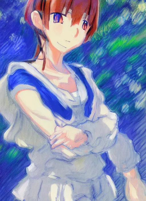 Image similar to a portrait of a female pokemon trainer, blue outfit, very anime in impressionist style, trending artwork, anime painter studio, by claude monet