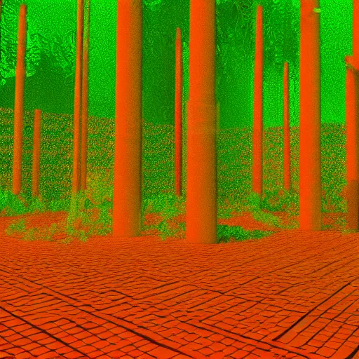 Image similar to 80s vaporwave outrun 3d Render of a forest, liminal space retro, grainy, noisy