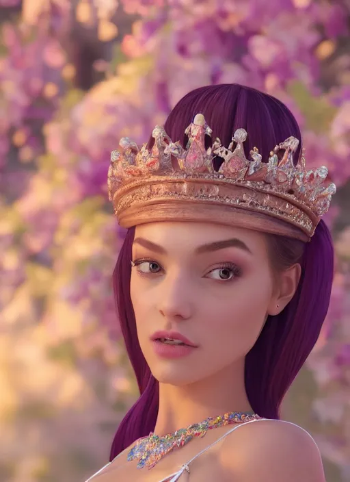 Image similar to closeup face profile portrait of a fairytale princess wearing a crown eating cakes, bikini, depth of field, zeiss lens, fashion photoshoot, by dan decarlo, breathtaking, 8 k resolution, extremely detailed, beautiful, establishing shot, artistic, hyperrealistic, octane render
