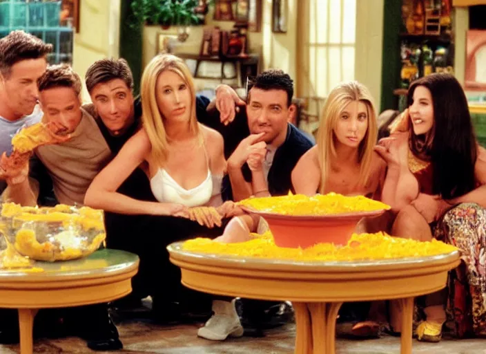 Prompt: the episode of Friends where everyone gets covered with nacho cheese hd