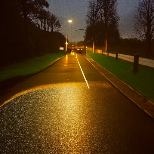 Prompt: first person viewpoint, night time POV, cyclist looking towards the end of a steep rain soaked suburban hilly road, night scene, wet road, filigrees of gold on the tarmac amber light, 90s