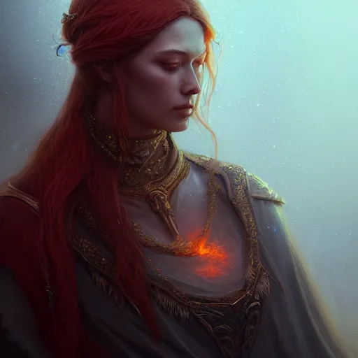 Image similar to Priestess, female, fantasy, flames, frost, dramatic, intricate, elegant, highly detailed, digital painting, artstation, concept art, smooth, sharp focus, illustration, octane render, art by Leesha Hannigan, Ross Tran, Thierry Doizon, Kai Carpenter, Ignacio Fernández Ríos