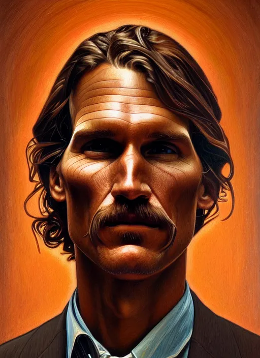 Prompt: oil portrait of rust cohle, intricate, elegant, highly detailed, lighting, painting, artstation, smooth, illustration, art by greg rutowski and alphonse mucha