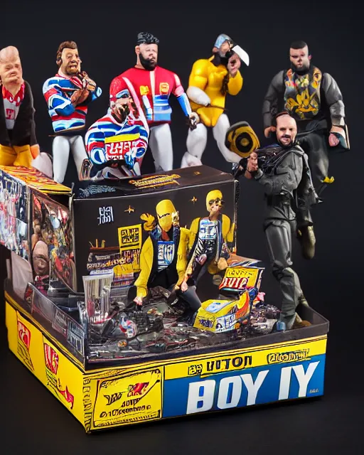 Prompt: box of the toy of proud boys as an action figure, hyper real, advertising photography, 8k