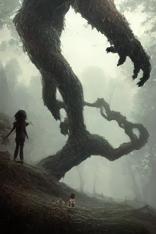 Image similar to a beautiful terrifying tree monster looms over a tiny human. epic dawn, ethereal fantasy art by greg rutkowski