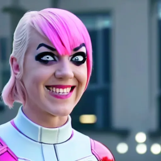 Image similar to A still of Gwenpool in Deadpool 3 (2023), blonde hair with pink highlights, no mask, white and light-pink outfit, smiling and winking at the camera