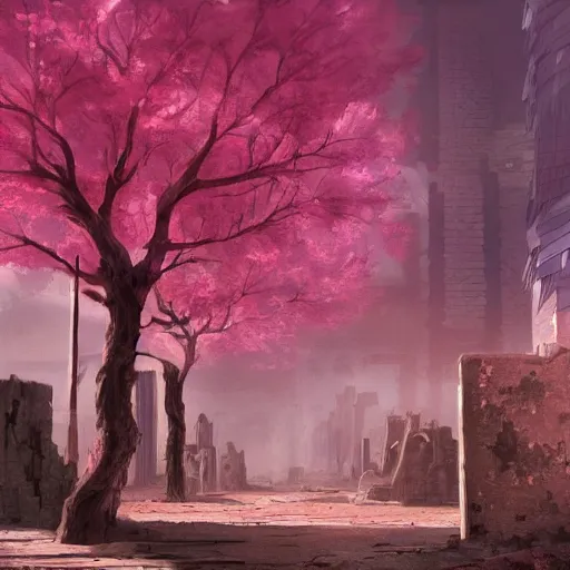 Image similar to apocalyptic ruins. pink tree growing. Atmospheric lighting, gloomy, dark, end of the world, ruins, everything is dead, post apocalyptic. Makoto Shinkai, anime, trending on ArtStation, digital art.