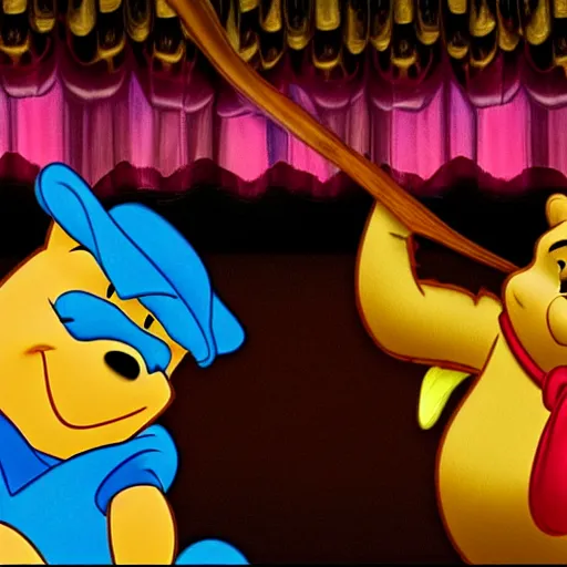 Image similar to Winnie the Pooh and Pink Panther in a strip club