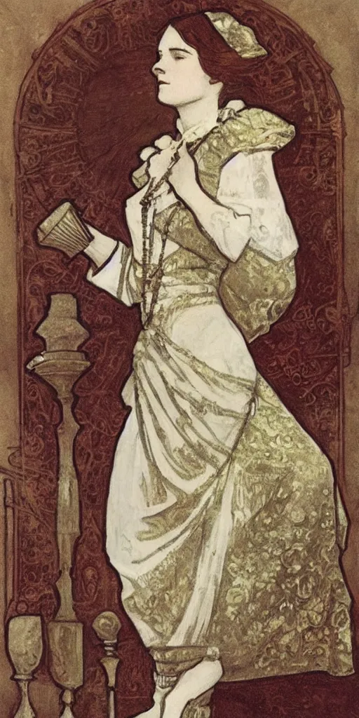 Prompt: a young edwardian woman playing chess, in the style of mucha