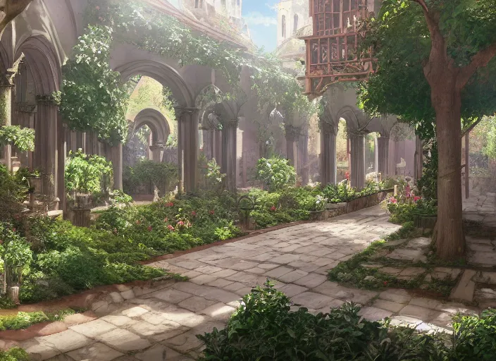 Prompt: environmental illustration of a cloister garden in a late renaissance city | | anime key visual, official media, illustrated by wlop, extremely detailed, 8 k, trending on pixiv, cinematic lighting, beautiful