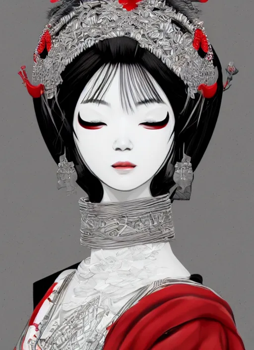 Image similar to maiko hungry, fluent composition, red white and black, concept art, ambient light, 4 k, intricate details, highly professionally detailed, cgsociety, highly detailed -