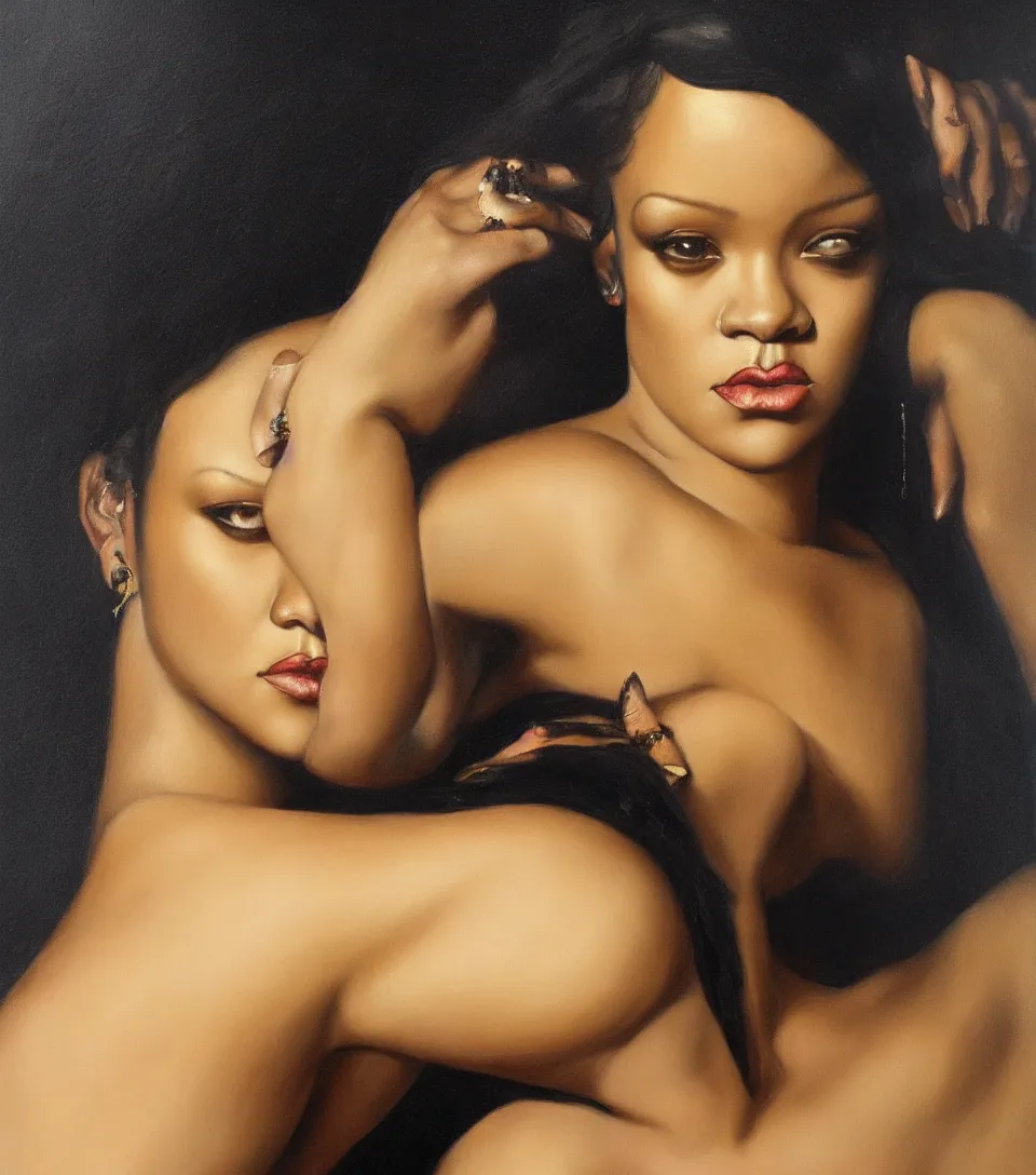 Prompt: oil painting of rihanna in the style of roberto ferri