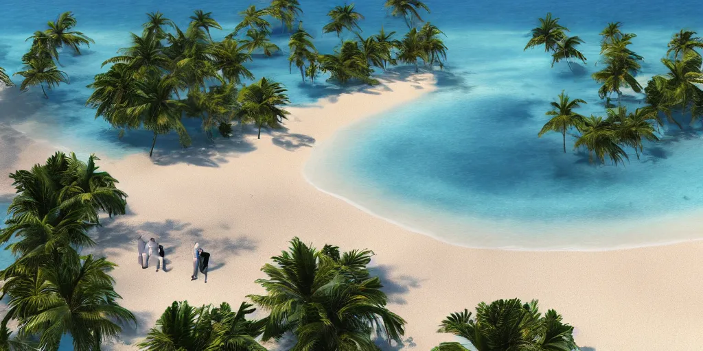 Prompt: Men in suits on the beach on a deserted tropical island, The whole island is visible and is surrounded by water, ultra realistic, high detail, 4k, trending on artstation