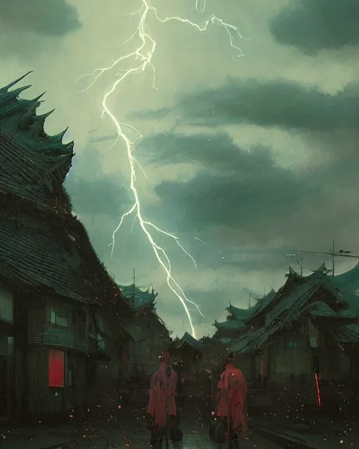 Image similar to a highly detailed epic cinematic concept art CG render digital painting artwork: feudal Japan, lightning storm. By Greg Rutkowski, in the style of Francis Bacon and Syd Mead and Norman Rockwell and Beksinski, open ceiling, highly detailed, painted by Francis Bacon and Edward Hopper, painted by James Gilleard, surrealism, airbrush, Ilya Kuvshinov, WLOP, Stanley Artgerm, very coherent, triadic color scheme, art by Takato Yamamoto and James Jean