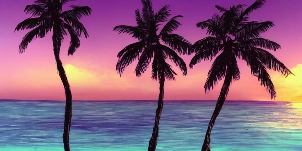 Image similar to purple sunset. palm trees. beach. realistic. concept art. fluffy