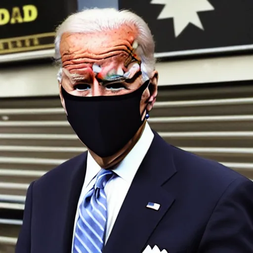 Prompt: joe biden as a gangster rap artist with face tattoos and diamond teeth