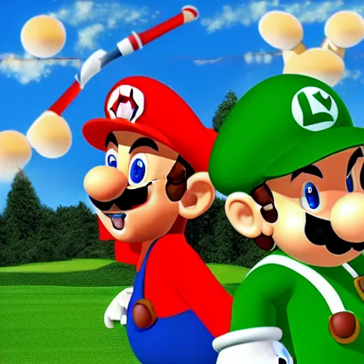 Prompt: Mario and Luigi playing golf together