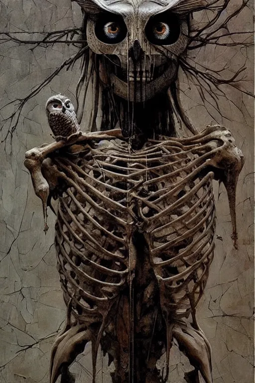 Prompt: realistic detailed statue of an owl skeleton, cracked body full of scars, made by Karol Bak and Bernini. Rich colors. Beksinski and painting. Masterpiece